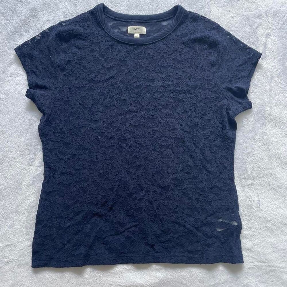 Aerie Lace Sheer Baby Tee Women S Cropped Fitted Partywear Navy Floral Feminine
